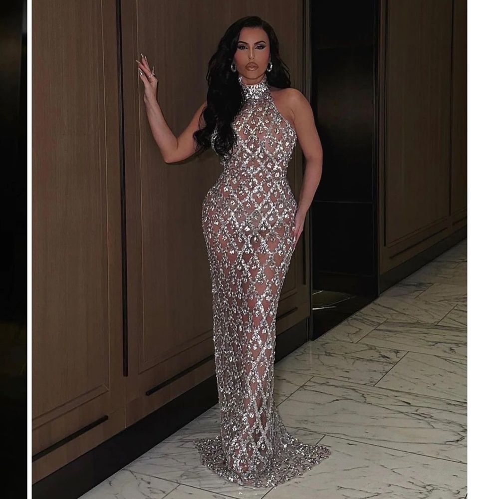 Liora Sequin Crystal Maxi Dress In Light Nude